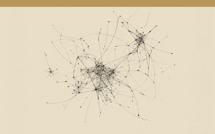 Abstrakte Linienzeichnung: ein lockeres Netz aus feinen Linien und Punkten mit dichten Knoten und leeren Zwischenräumen.