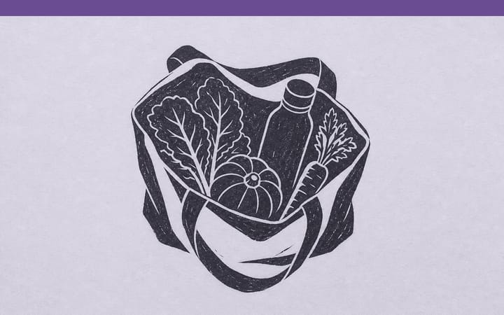 Linolschnitt einer offenen Einkaufstasche mit Gemüse und Trinkflasche