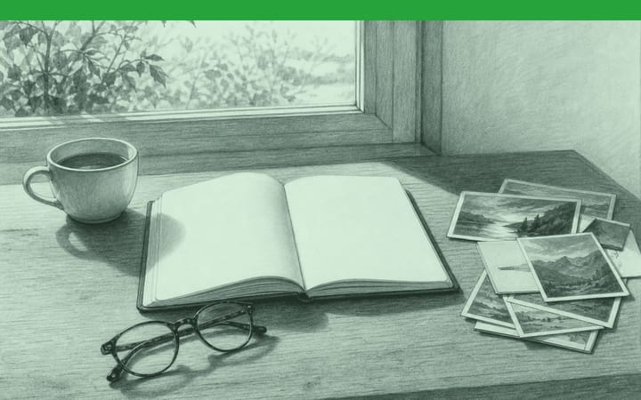 Bleistiftzeichnung: Schreibtisch mit aufgeschlagenem Notizbuch, Fotos, Teetasse und Brille.
