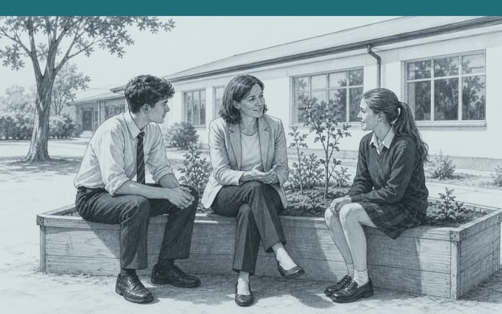 Pencil drawing: a school leader talks with two pupils next to a new garden bed.
