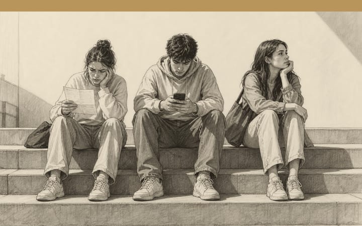 Pencil drawing: three young people sit on steps, one reads a bill, one looks at a phone, one looks into the distance.