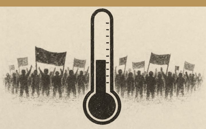 Druckgrafik eines großen, halb gestiegenen Thermometers vor einer diffusen Menge junger Menschen, die mit Bannern protestieren.