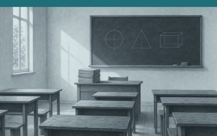 Zeichnung eines leeren Klassenzimmers mit Holzbänken, einem Lehrerpult mit hohem Heftstapel und einer Tafel mit einfachen Formen.