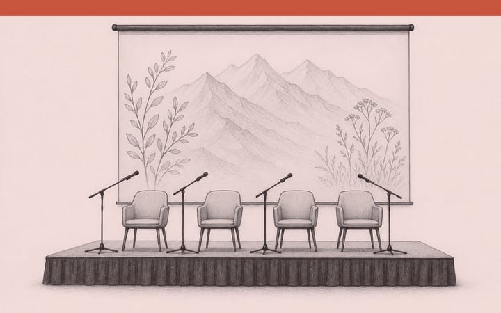 Drawing of a small stage with empty chairs and microphones in front of a projection of mountains and plants.