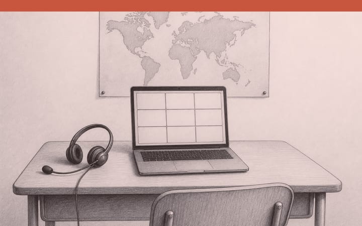 Drawing of a laptop on a classroom desk showing empty video call tiles, a headset beside it and a world map on the wall.