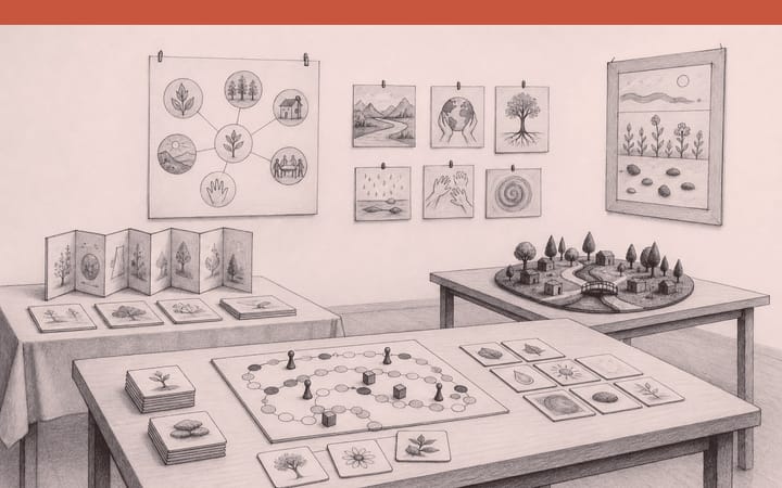 Zeichnung eines Seminarraums als Galerie mit selbstgemachten Lernmaterialien: Brettspiel, Modell, Bildkarten und Poster.