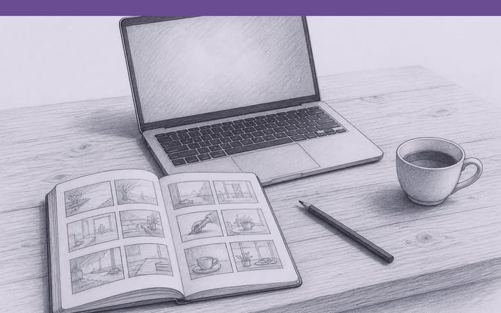 Bleistiftzeichnung eines aufgeklappten Laptops auf einem Holztisch, davor ein Notizbuch mit einem gezeichneten Storyboard, ein Stift und eine Tasse Tee